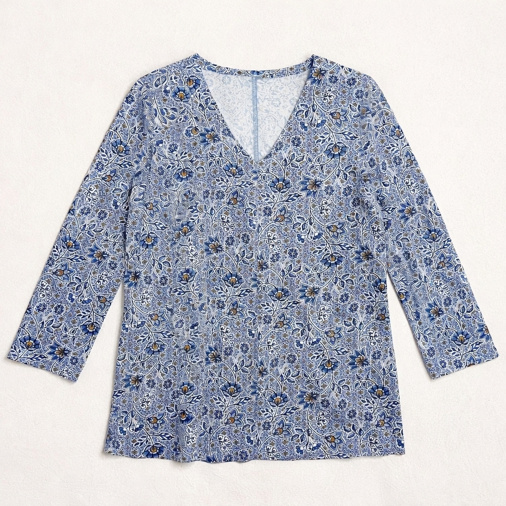 Pure Jill Blue Floral V-Neck Tee 3/4 Sleeve Tunic Top Size L 100% Cotton